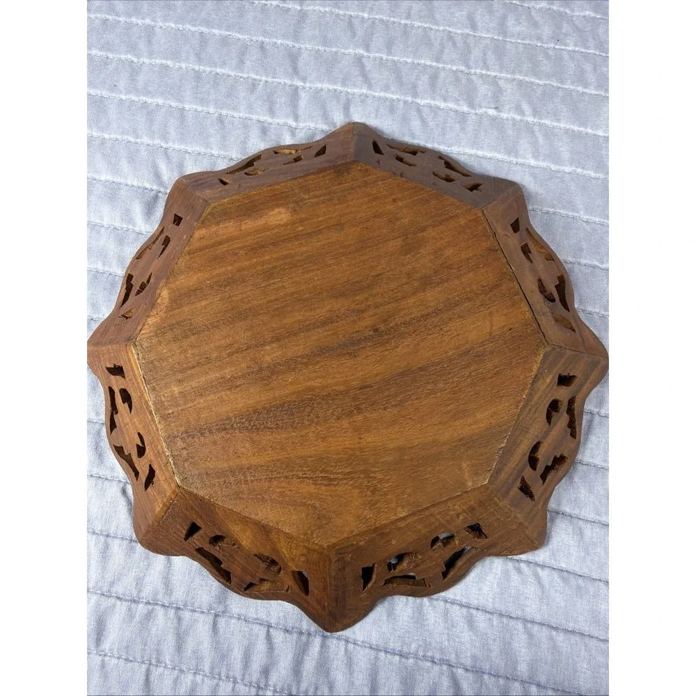 Vintage Carved Wood Octagonal Serving Tray 10.5